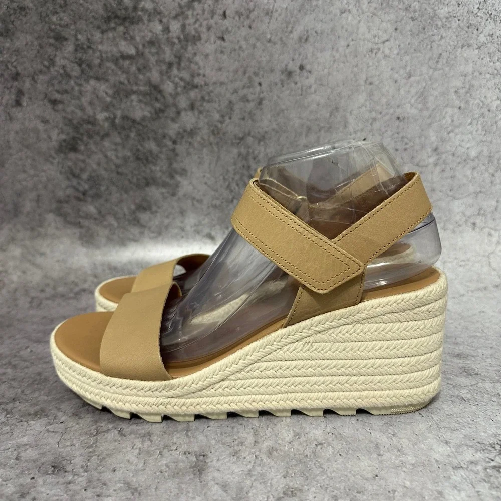 Sorel Cameron Wedge Sandals Womens 10 Tan Espadrille Platform Leather